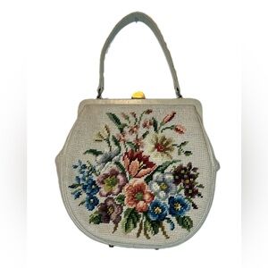 Vintage 1960s Floral Cross-stitched Cream Handbag
